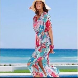 Talbots Floral Cover Up Dress Small Tropical Print Kaftan Tunic Tie Waist